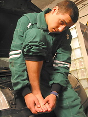 Horny mechanic is getting naked