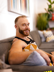 Sexy muscular gay dudes Brysen and Brogan ride each other's dick on a couch