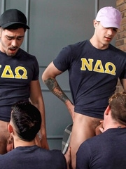 Gay hunks show their big dicks and indulge in a wild anal foursome