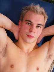Sexy blond jock Max Royse shows his big uncut cock